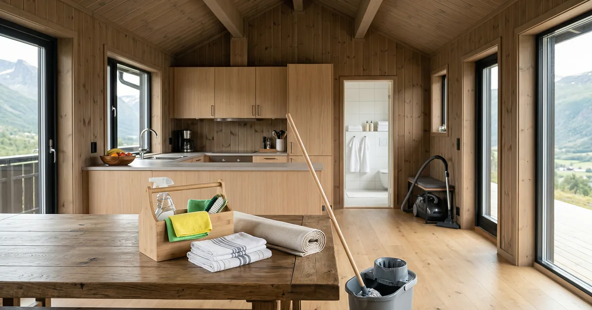 Ren fjellhytte med vaskeutstyr og håndklær som illustrerer hva som vanligvis er inkludert i hyttevask.