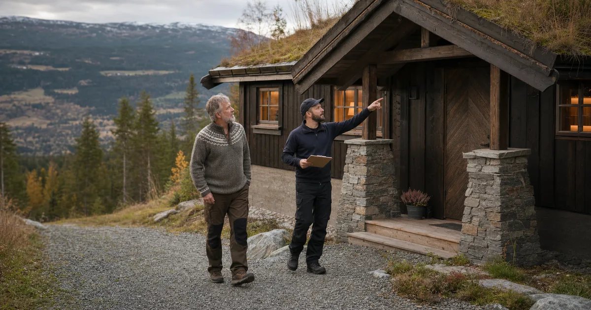 Hytteeier og servicemedarbeider gjennomgår en avtalt sjekkliste utenfor en fjellhytte i Hafjell.