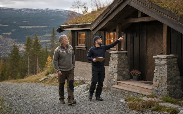 Hytteeier og servicemedarbeider gjennomgår en avtalt sjekkliste utenfor en fjellhytte i Hafjell.