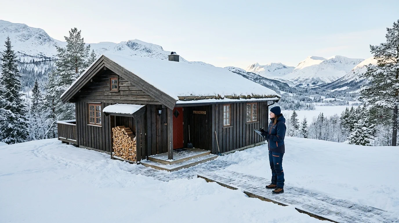 Hyttevakt som kontrollerer vinterhytte utenfor inngangen med nettbrett og måket adkomst.