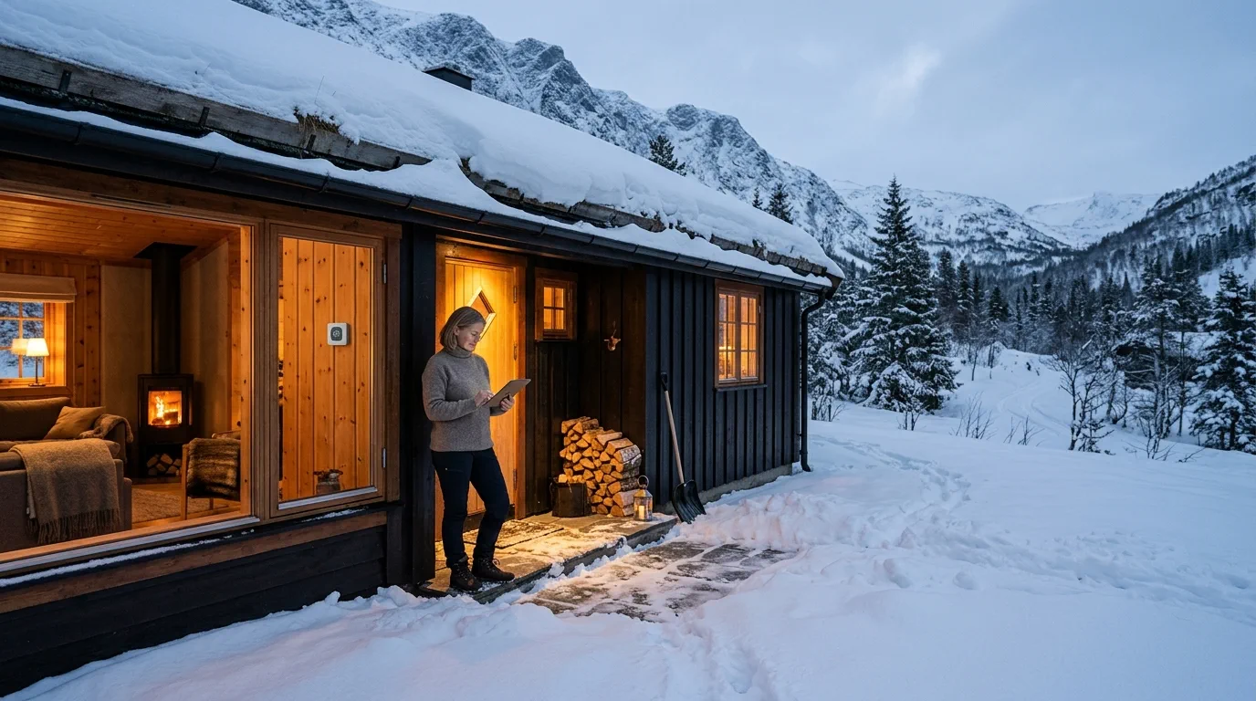 Hytteeier ved vinterhytte som sjekker strømstyring og varme på nettbrett ved inngangen.