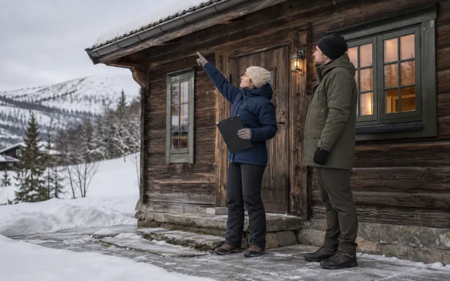 Hytteeier og tilsynsfører undersøker inngangspartiet på en norsk vinterhytte.