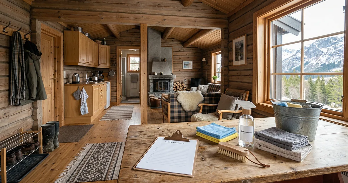 Ryddig fjellhytte med vaskeutstyr og sjekkliste for rengjøring av hytte rom for rom.
