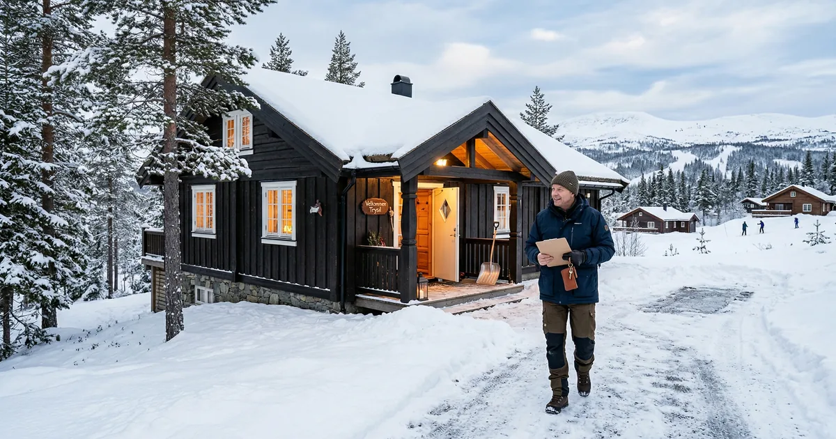 Vinterklar hytte i Trysil med lokal servicemedarbeider som inspiserer eiendommen.