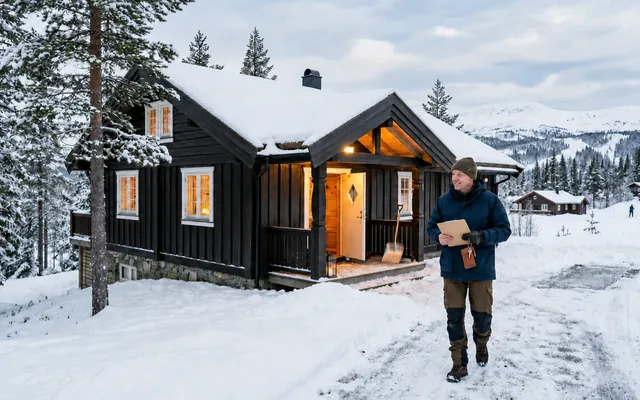 Servicemedarbeider med sjekkliste utenfor en vinterhytte i Trysil etter et avtalt tilsyn.
